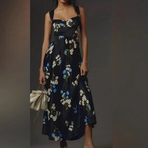 Maeve 'Jocelyn' Satin printed floral Midi Dress Anthropologie wedding guest of
